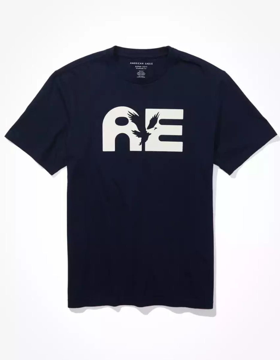 T Shirt Graphique American Eagle AE Super Soft Logo Bleu Marine Homme | GIZ-67504363